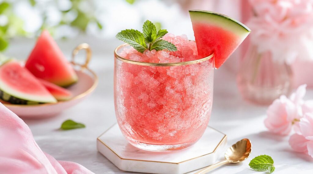 Refreshing watermelon granita in a chilled glass with mint