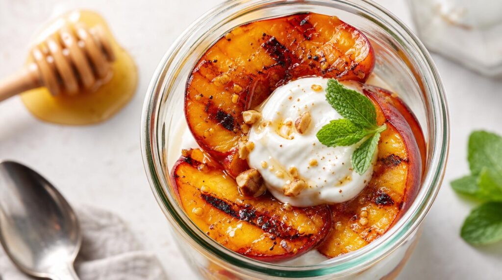 Grilled Honey Peaches in a glass or jar with caramelized peach halves with a dollop of Greek yogurt