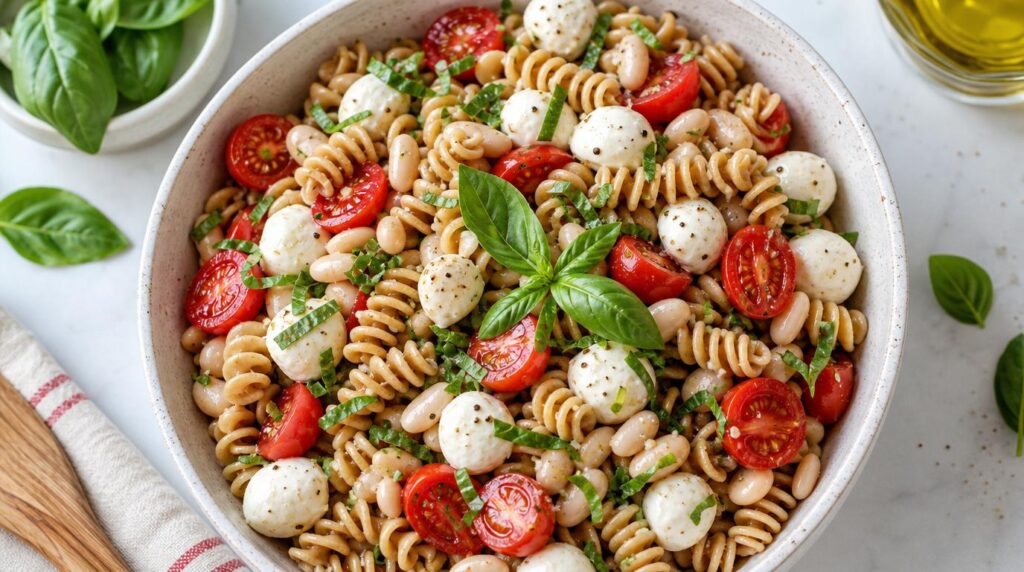 Caprese Pasta Salad with White Beans in a bowl with mozzarella, tomatoes, basil, whole-grain pasta and white beans