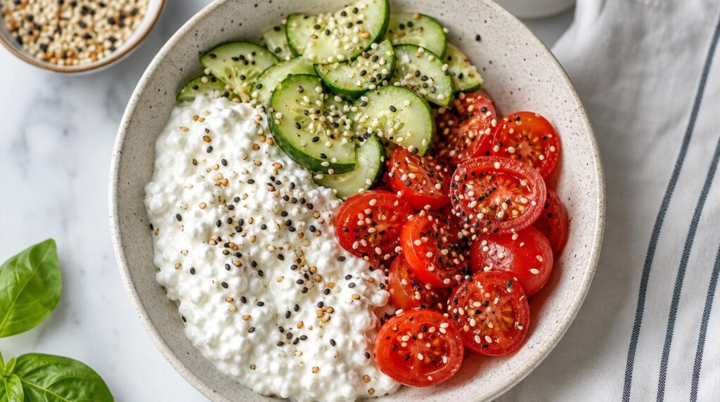 Cottage Cheese and Tomato Power Plate bowl with cottage cheese, ripe tomatoes, cucumber and everything-bagel seasoning