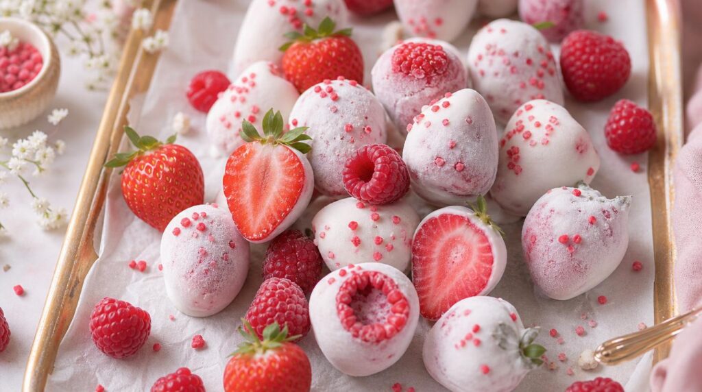 Frozen yogurt-dipped berry bites on a tray