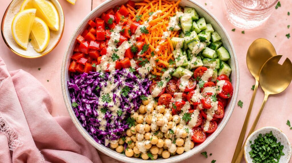 Rainbow chopped salad with chickpeas and lemon tahini dressing