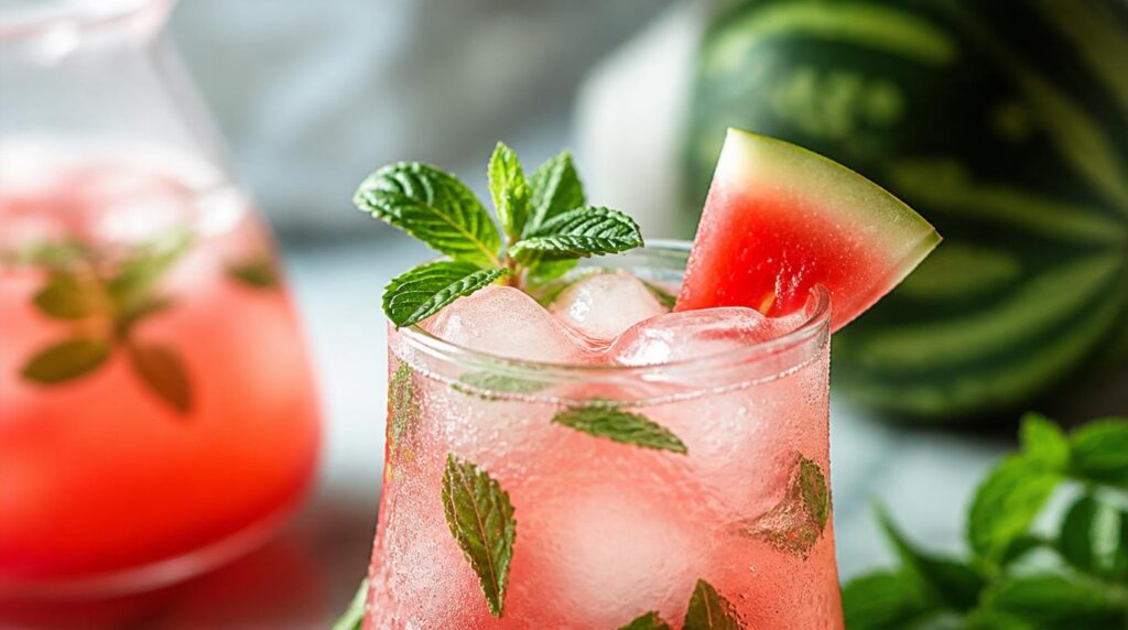 Watermelon mint refresher with watermelon wedge and ice