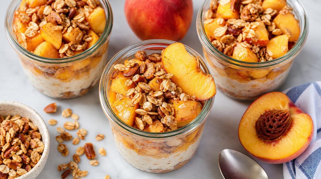 No-Bake Peach Crumble Jars in a glass or jar with diced peaches with toasted oats, nuts and cinnamon
