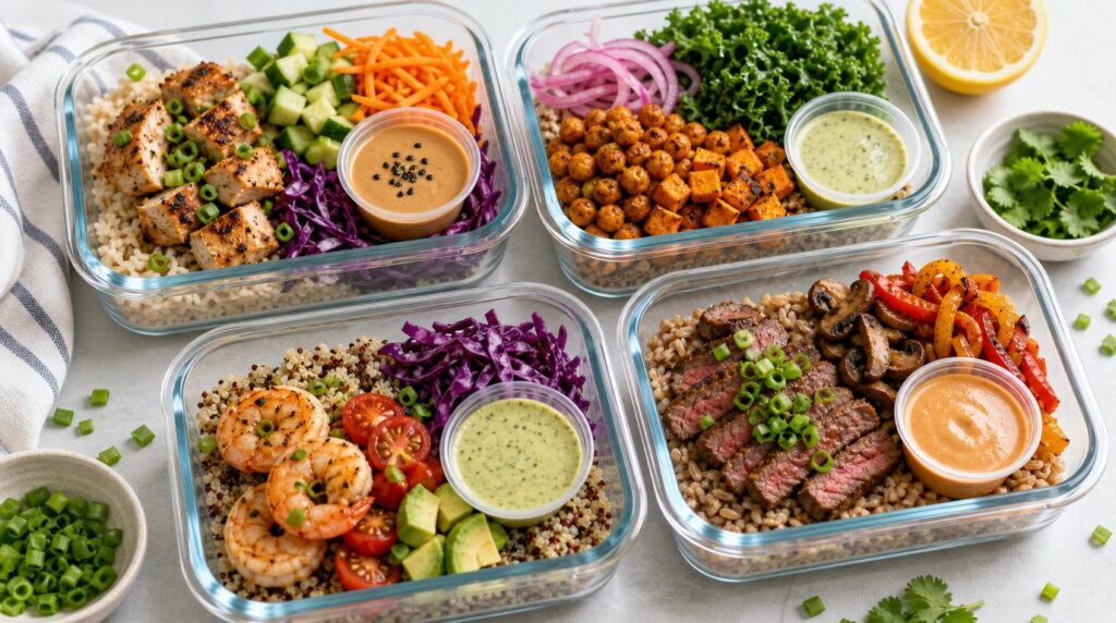 Batch-Cooked Proteins in a meal-prep container with sliced baked chicken, boiled eggs and beans portioned out