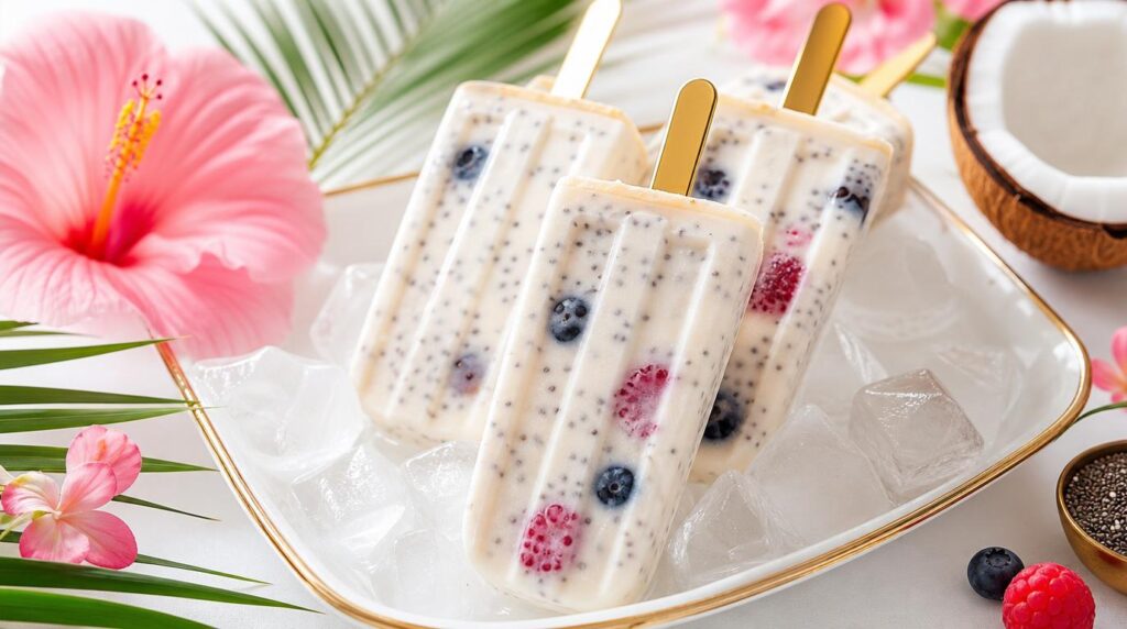 Coconut chia popsicles with berries and visible chia seeds