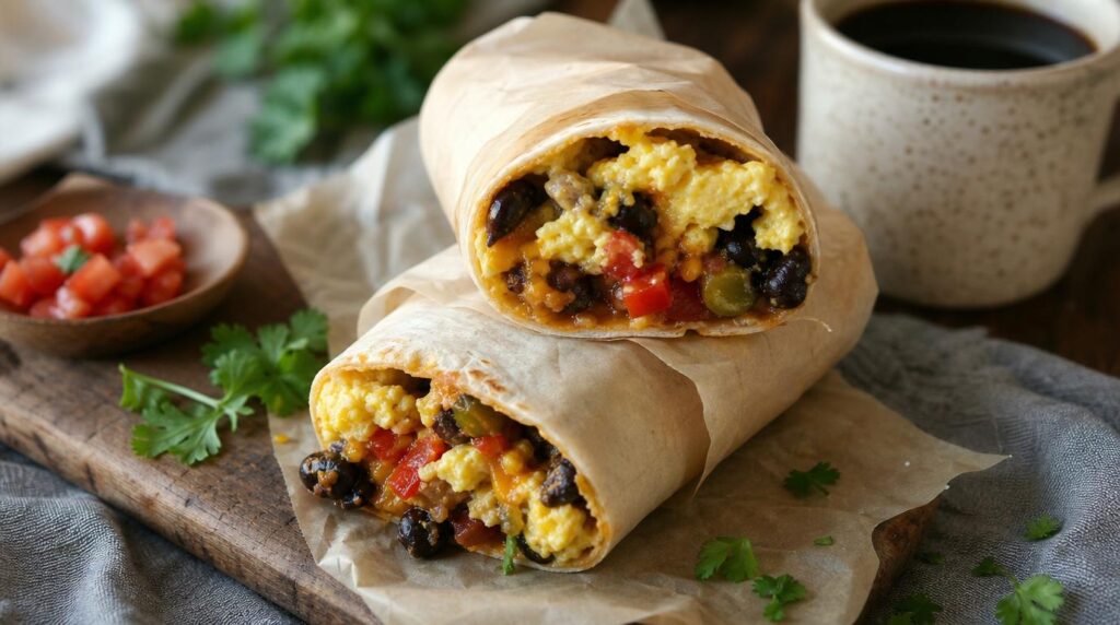 Make-ahead freezer breakfast burritos cut open
