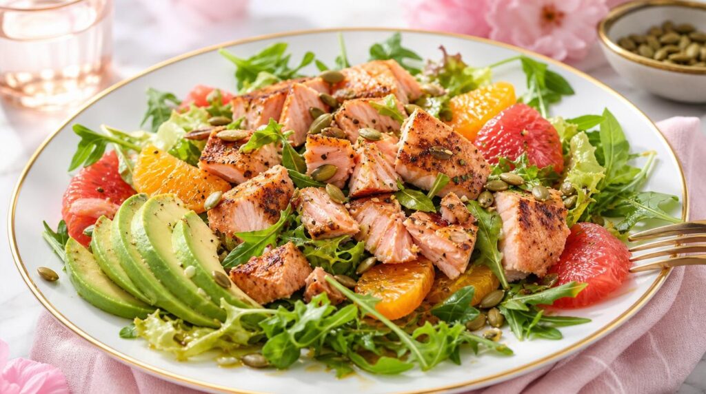 Grilled salmon citrus salad with avocado and pumpkin seeds