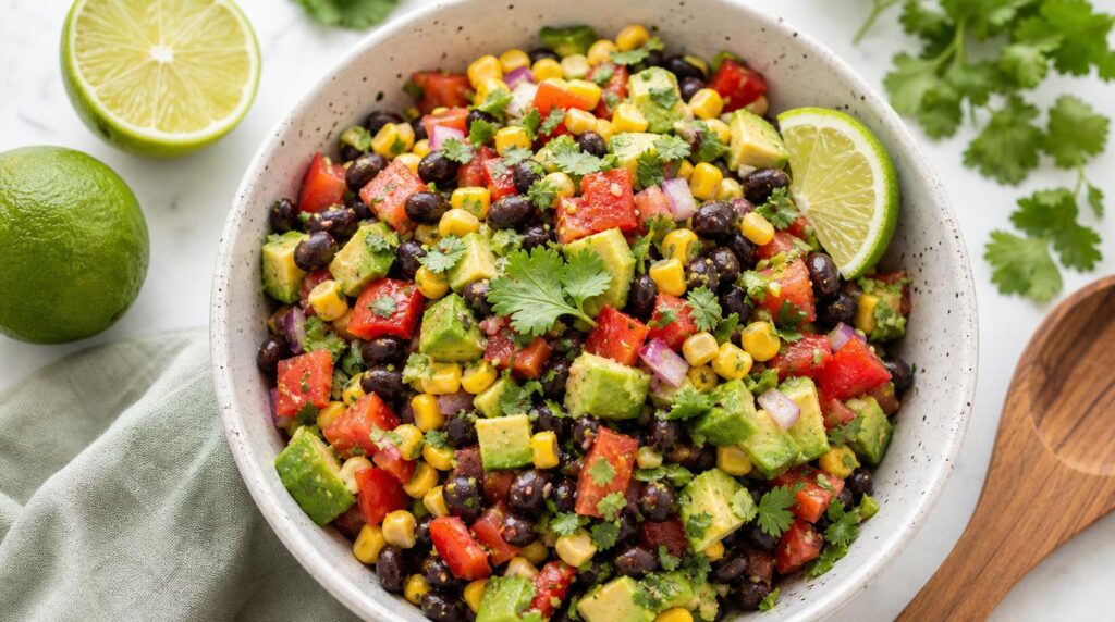 Southwest Black Bean and Corn Salad in a bowl with black beans, corn, avocado, tomatoes and lime-cilantro dressing