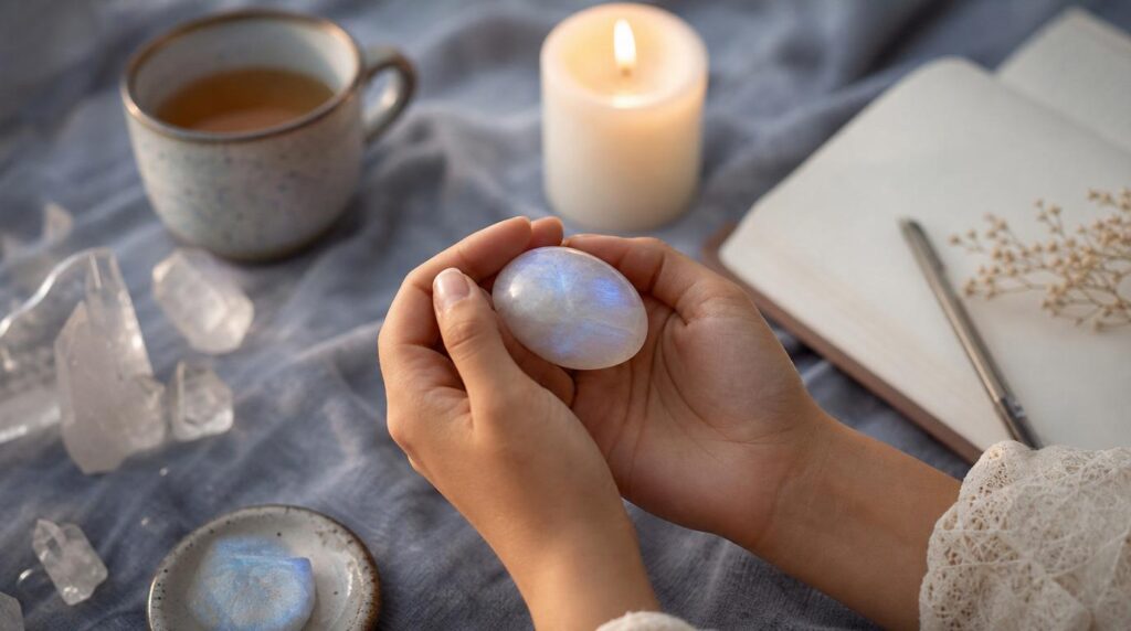 Calming home sanctuary with candle and soft blankets for Cancer season self-care