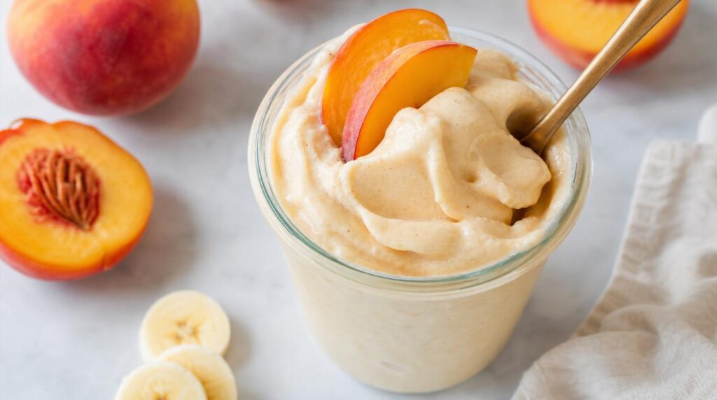 Peach Nice Cream in a glass or jar with creamy blended frozen peach and banana soft-serve