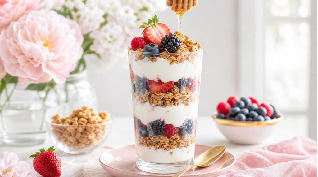 Layered berry yogurt parfait with granola and honey in a glass