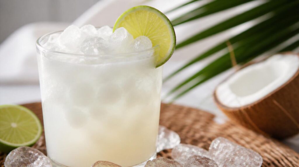 Coconut lime cooler over ice with a lime garnish