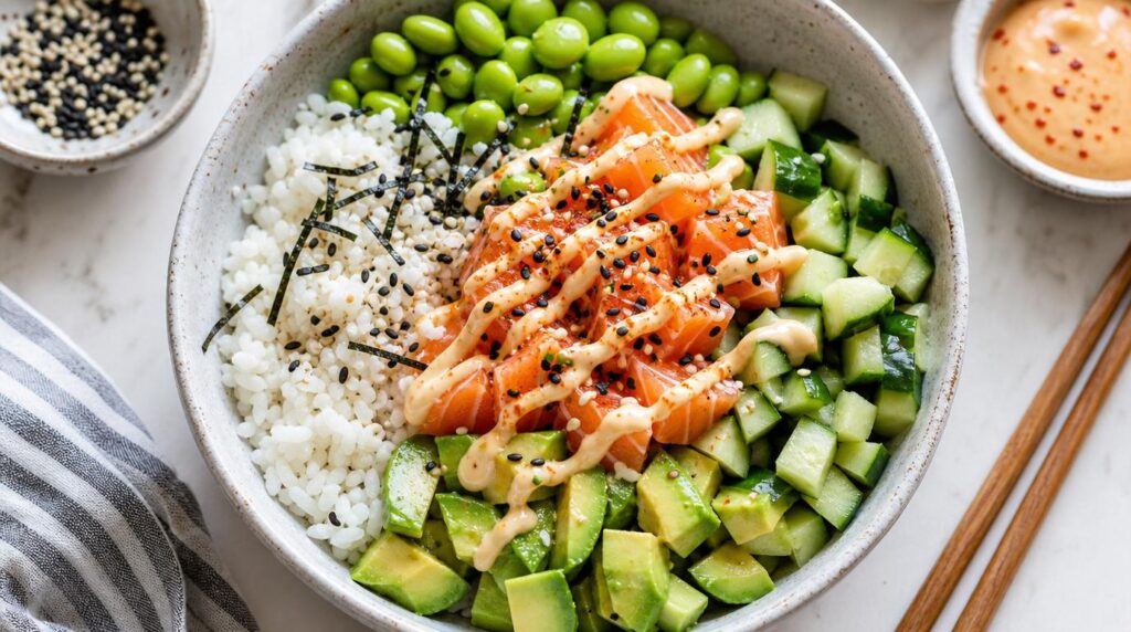 Deconstructed Sushi Bowl bowl with rice, edamame, salmon, avocado, cucumber and spicy mayo
