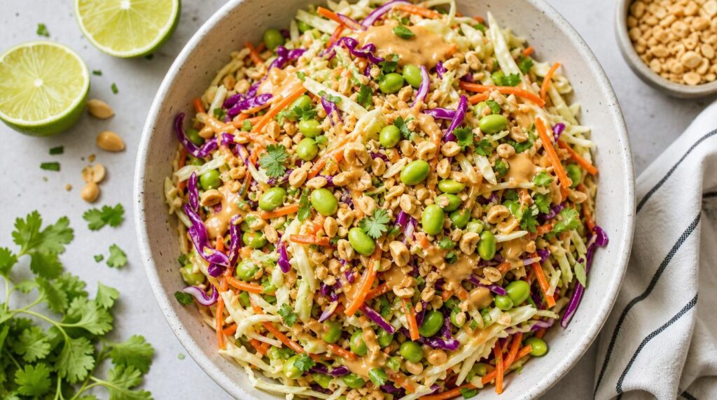 Thai-Inspired Peanut Crunch Salad in a bowl with shredded cabbage, carrots, edamame and peanut-lime dressing