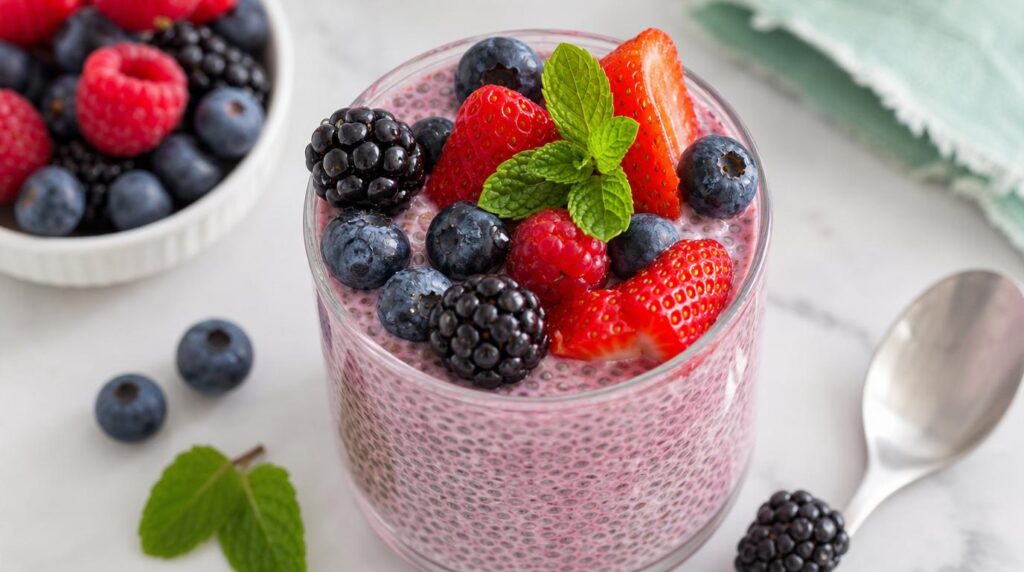Mixed Berry Chia Pudding in a glass or jar with chia pudding topped with fresh mixed berries