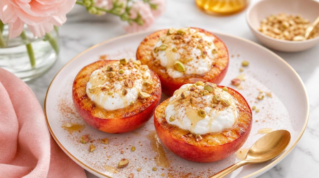Peach halves topped with yogurt, honey and crushed nuts