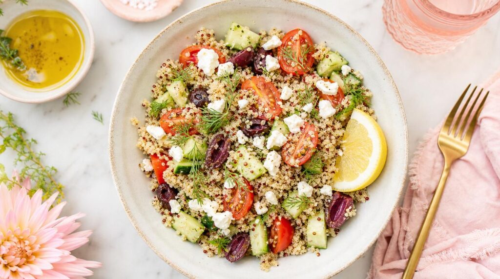 Mediterranean quinoa glow bowl with feta olives and fresh dill