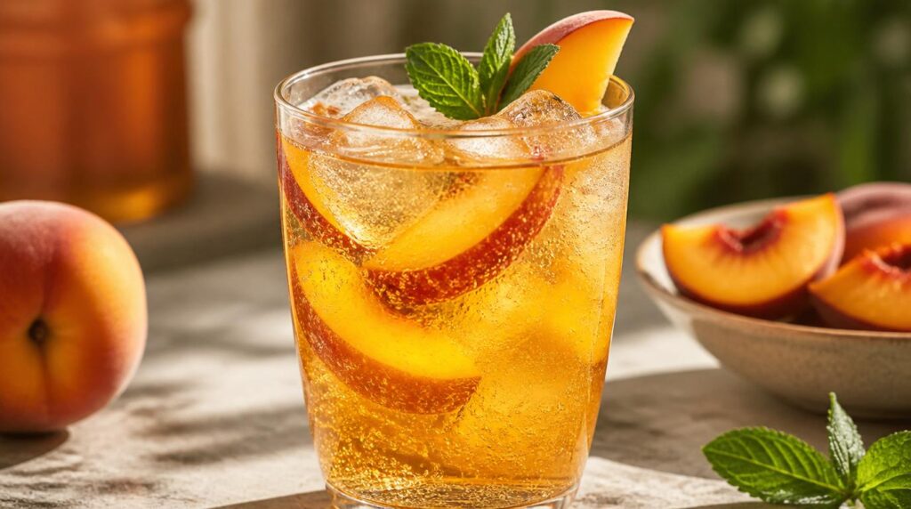 Sparkling peach iced tea with fresh peach slices