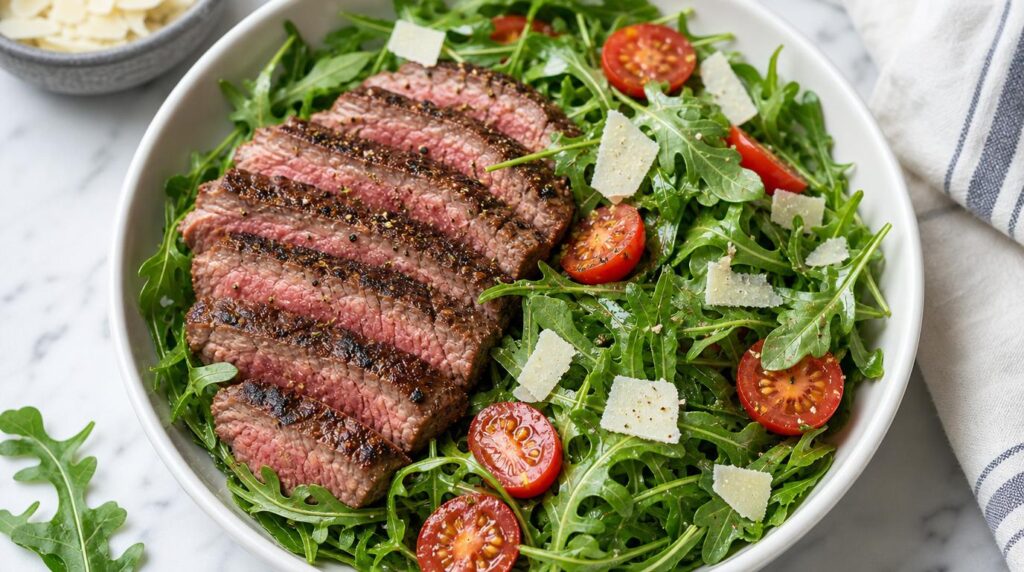 Steak and Arugula Salad in a bowl with sliced steak, peppery arugula, tomatoes and shaved parmesan