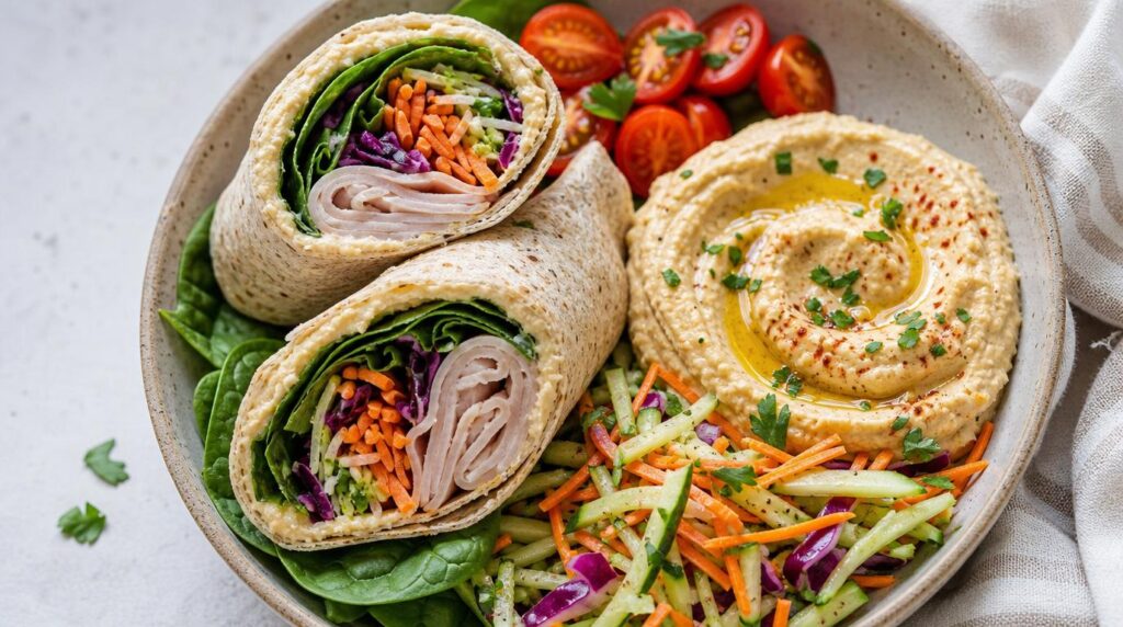 Turkey, Hummus and Veggie Wrap bowl with whole-grain wrap with hummus, turkey, spinach and shredded veg