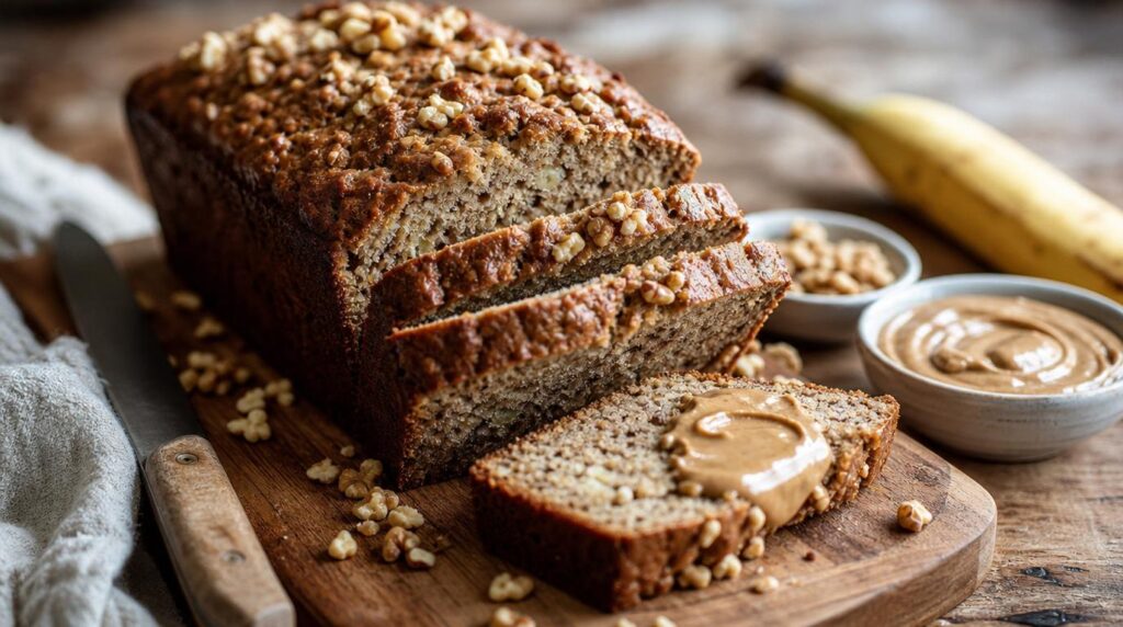 Wholesome banana bread loaf sliced on a board