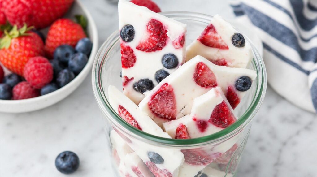 Frozen Yogurt Berry Bark in a glass or jar with frozen Greek yogurt bark studded with berries