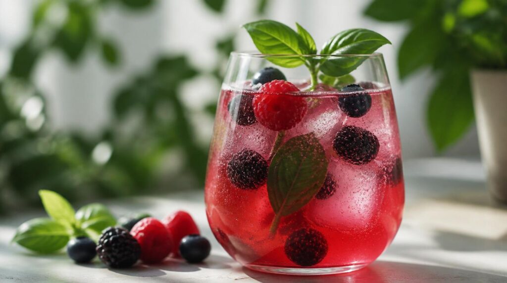 Berry basil spritz mocktail with mixed berries
