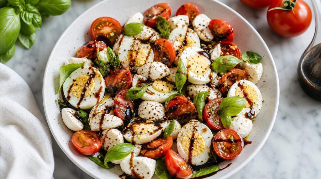 Caprese Egg Salad Plate bowl with boiled eggs, fresh mozzarella, tomatoes, basil and balsamic