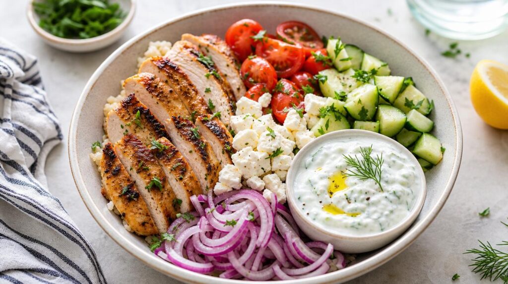 Greek Chicken Bowl with Tzatziki in a bowl with marinated chicken, cucumber, tomato, feta and tzatziki