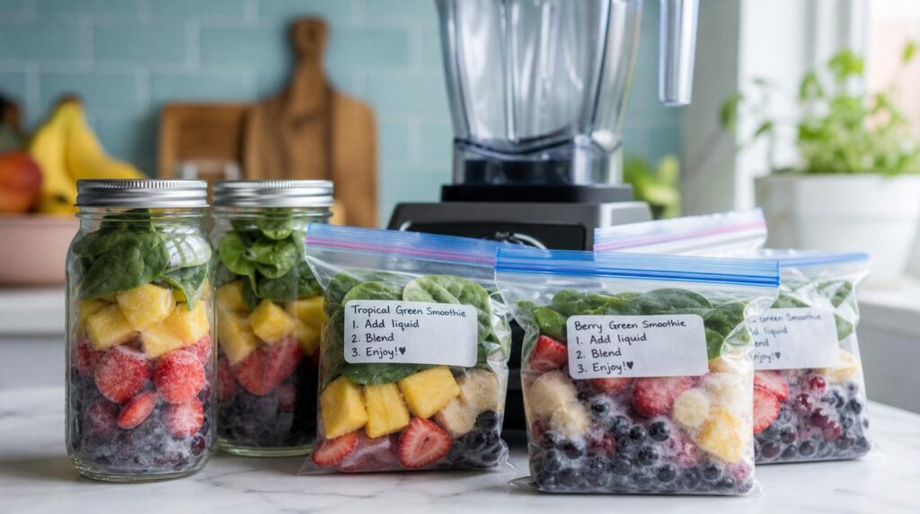 Make-ahead freezer smoothie packs with fruit and a blender