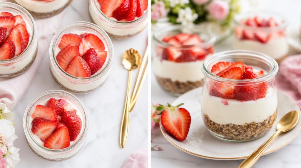 No-bake strawberry cheesecake cups in small jars with fresh strawberries