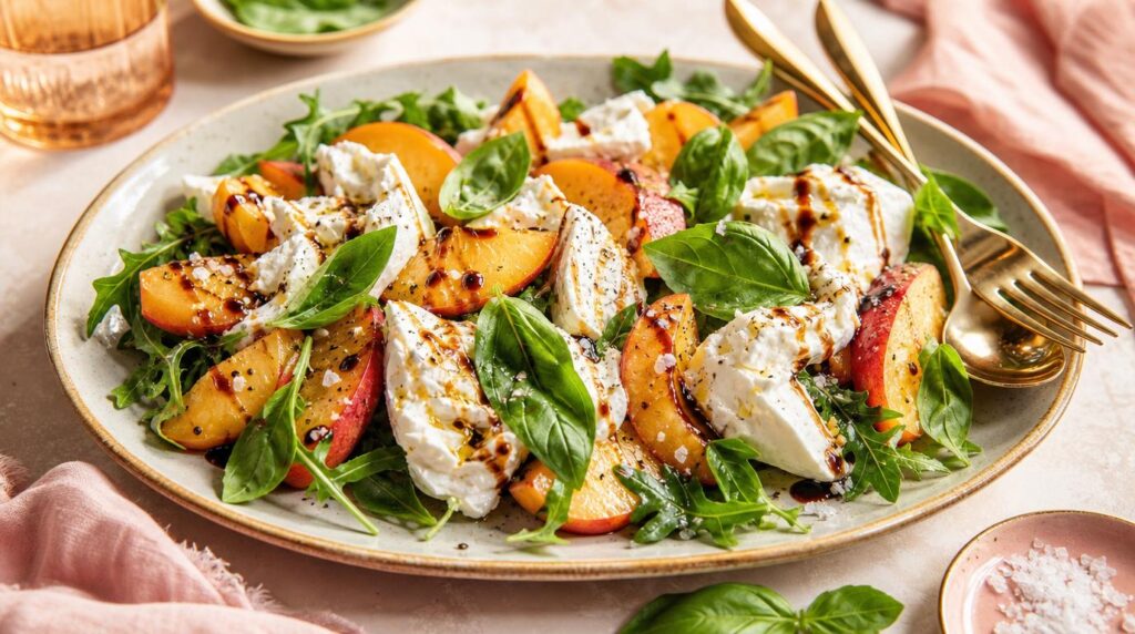 Peach burrata basil salad with balsamic glaze and flaky salt