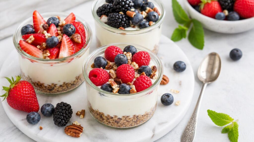 No-Bake Berry Cheesecake Cups in a glass or jar with creamy cheesecake filling on a nut base with berries