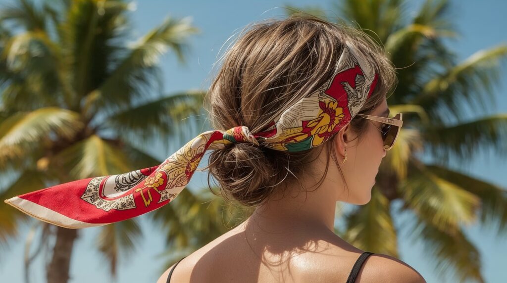 Scarf-wrapped bun, heatless summer hairstyle