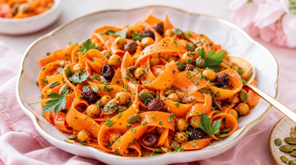 Crunchy carrot chickpea salad with pumpkin seeds and raisins