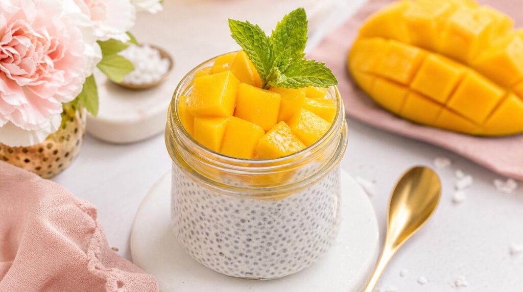 Mango coconut chia pudding topped with fresh mango chunks