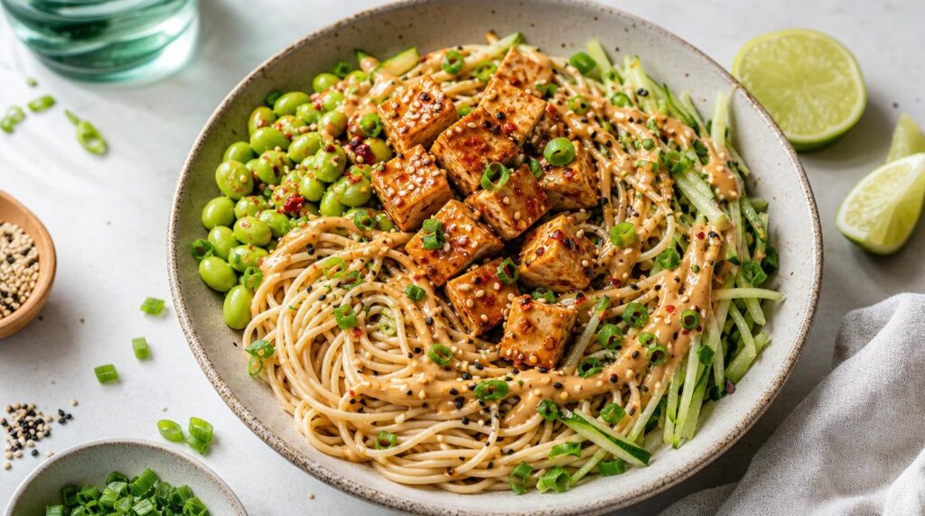 Spicy Edamame and Tofu Noodle Bowl bowl with cold noodles, edamame, marinated tofu and peanut-lime sauce