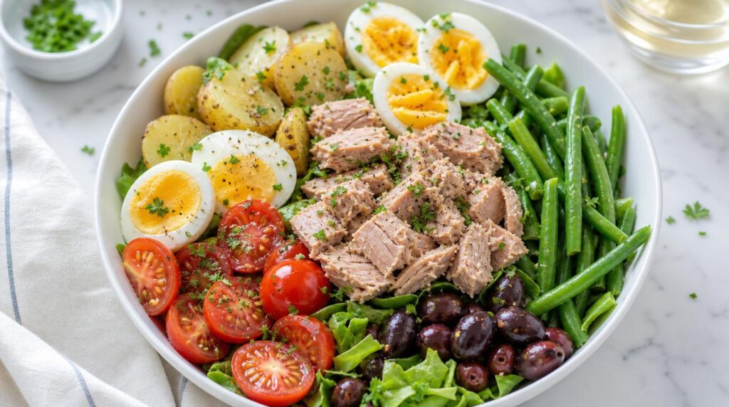 Tuna Nicoise-Style Salad in a bowl with tuna, boiled egg, potatoes, green beans, olives and tomatoes