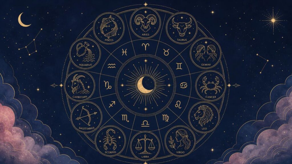 Gemini season_Golden zodiac wheel illustration of all twelve signs