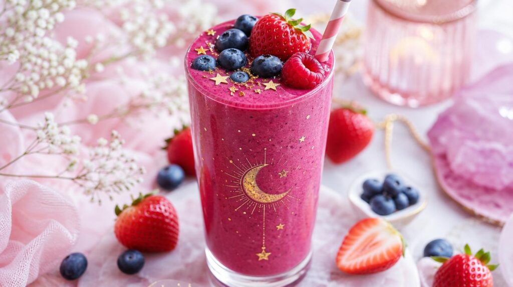 Pink berry glow smoothie with fresh berries