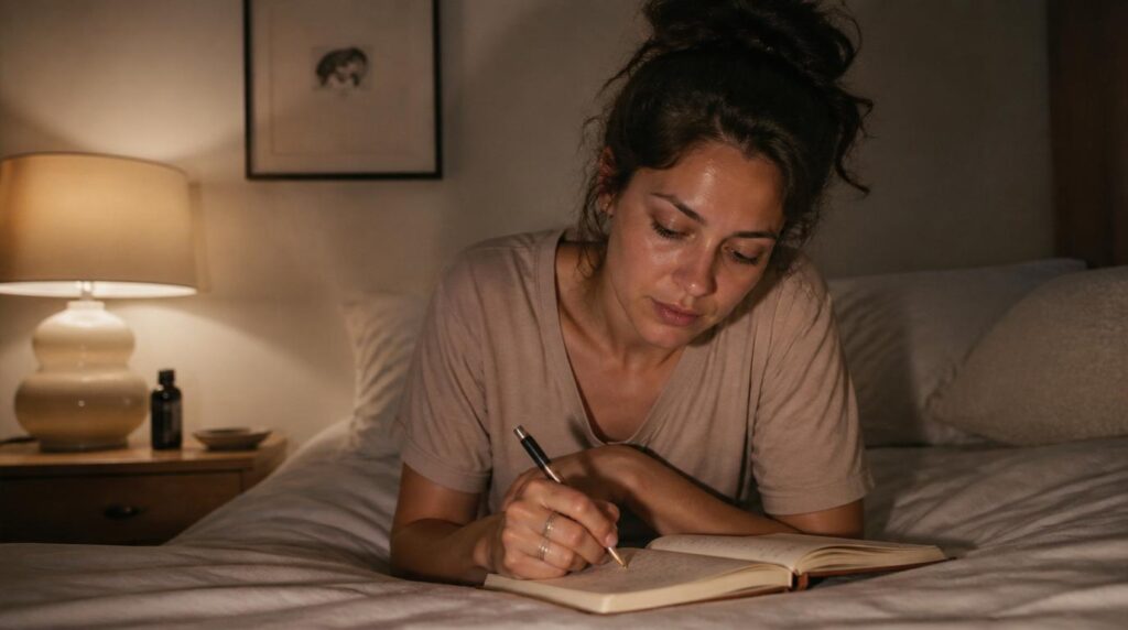 Woman writing in a gratitude journal in bed before sleep