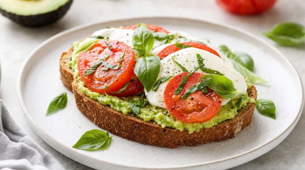 Caprese Avocado Toast with mozzarella, tomato and basil