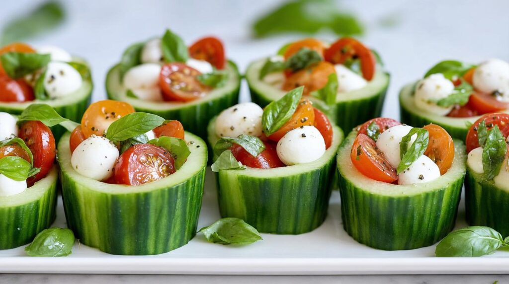 Caprese Cucumber Salad Cups with mozzarella and basil
