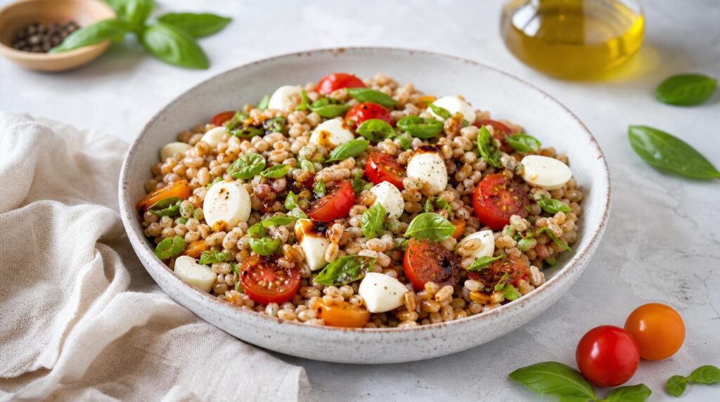 Caprese Farro Salad with tomatoes, mozzarella and basil