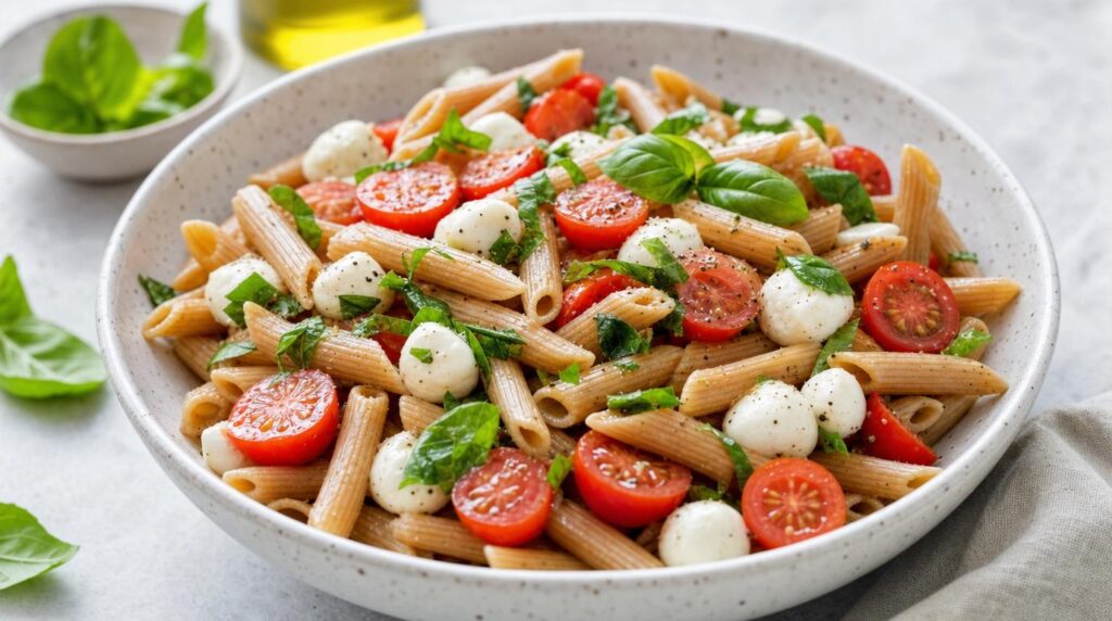 Caprese Pasta Salad with tomatoes and mozzarella