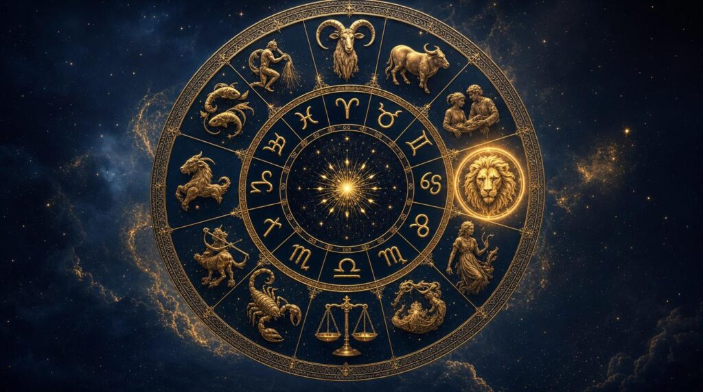 Gold celestial zodiac wheel with Leo highlighted