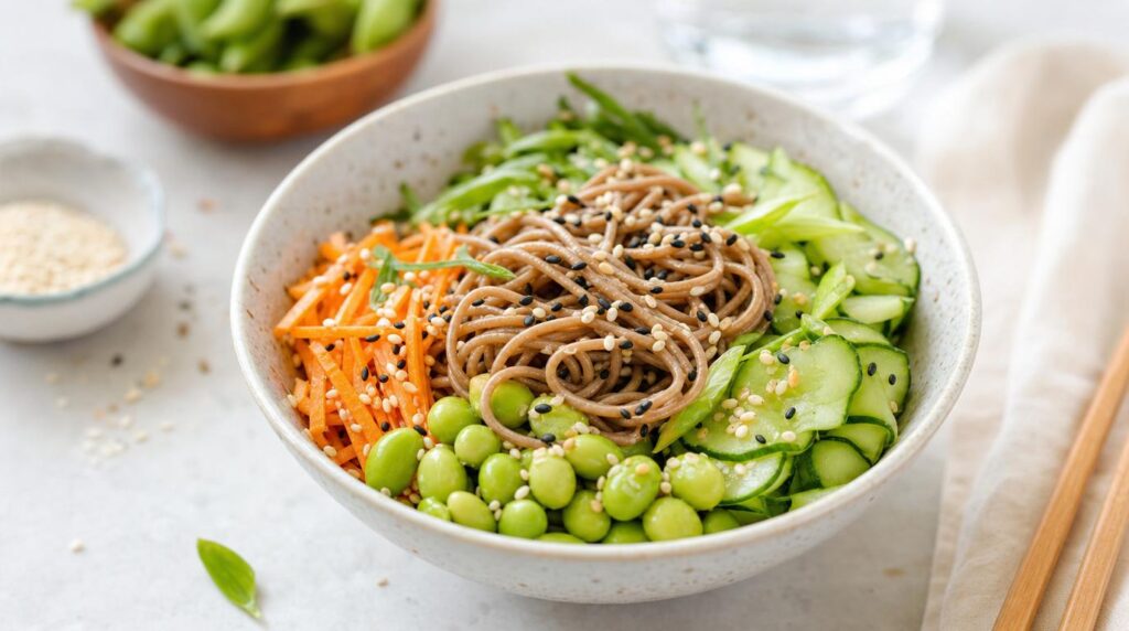 Cold Soba Noodle Bowl with cucumber and edamame