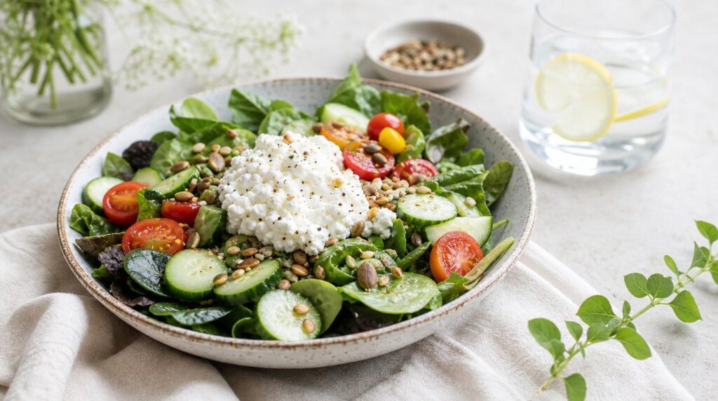 Cottage Cheese Crunch Salad with cucumber and seeds