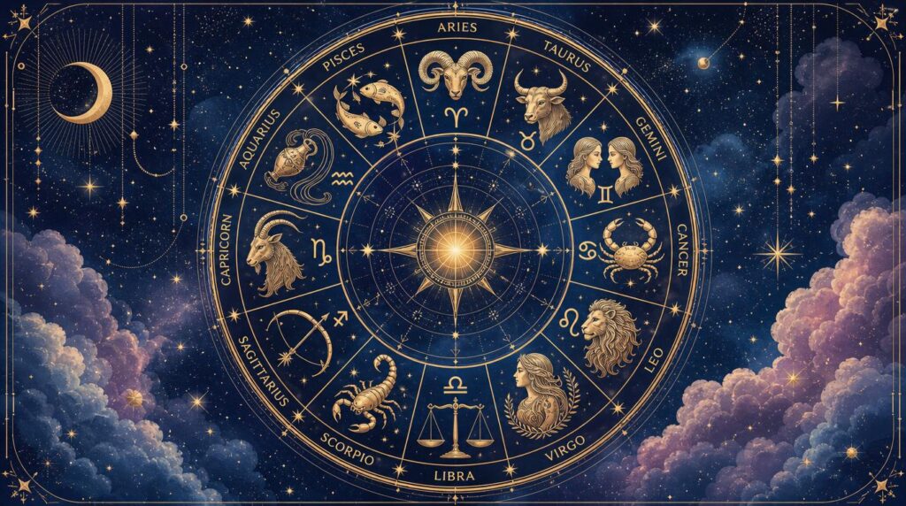 Golden zodiac wheel for the June 2026 monthly horoscope